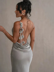 Satin maxi dress for women with back cutout and waterfall neckline for evening wear