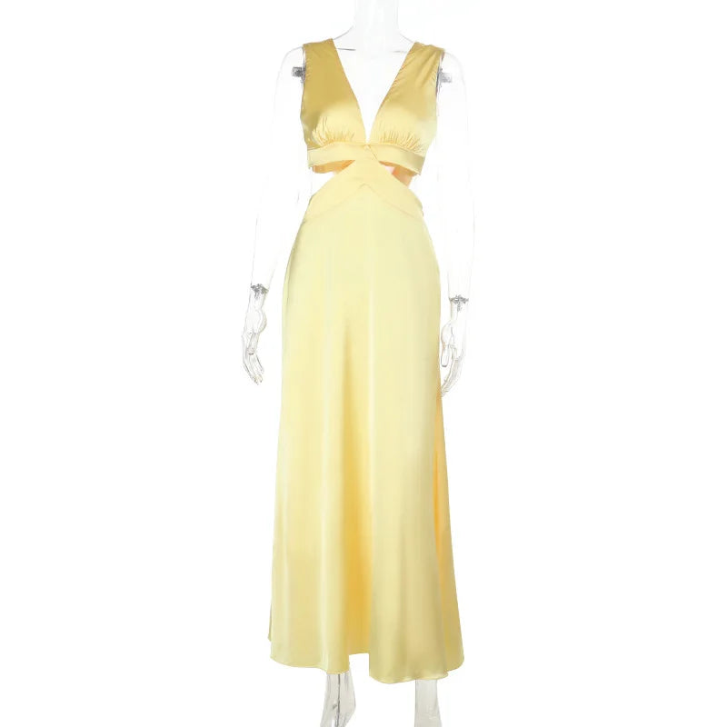 Formal maxi dress for women with cut-out waist and satin finish