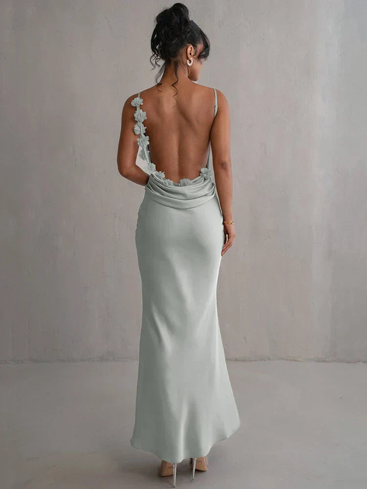 Satin maxi dress for women with back cutout and waterfall neckline for evening wear