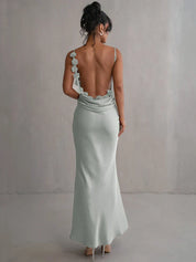 Satin maxi dress for women with back cutout and waterfall neckline for evening wear