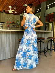 Ärmelloses Maxikleid für Damen aus floraler Spitze mit gestuftem Rock