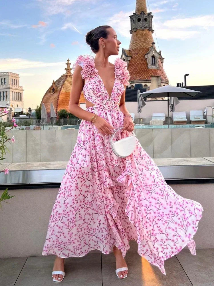 Backless maxi dress for women with ruffles and floral pattern