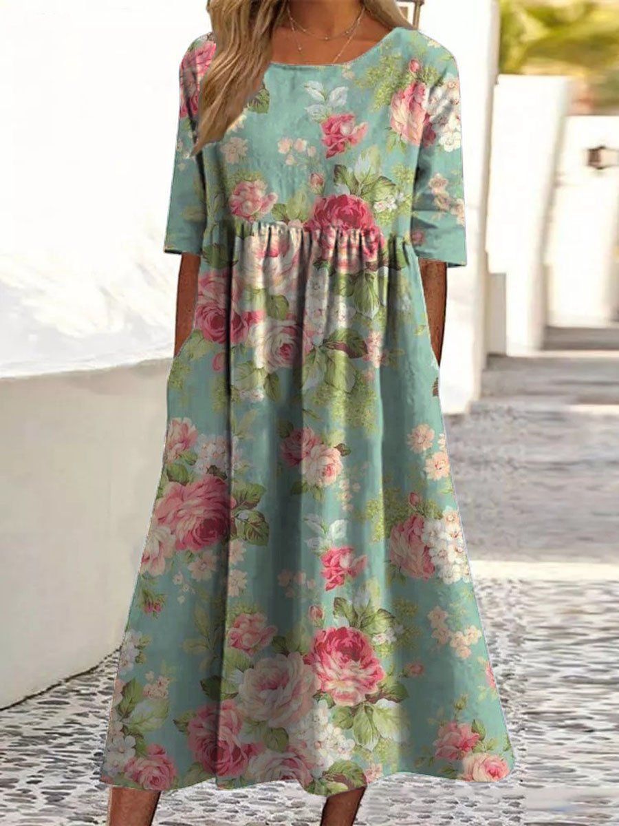 Women's Round Neck Midi Dress with Embroidery Details