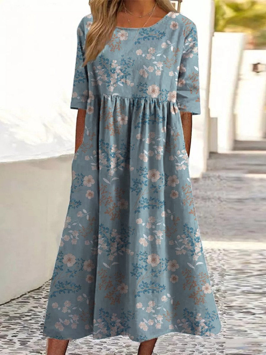 Women's Round Neck Midi Dress with Embroidery Details