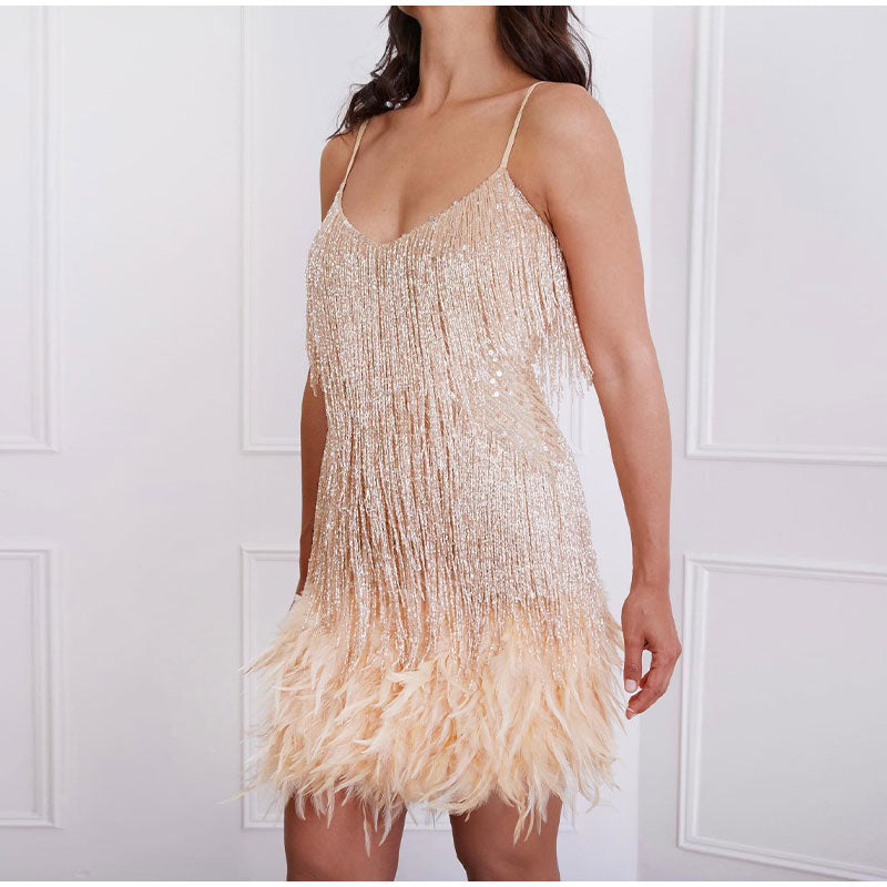 Mini cocktail dress for women with sequins and feather trim