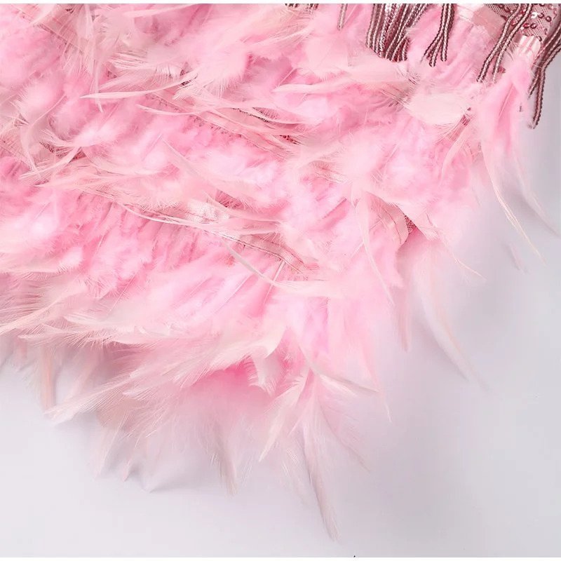 Mini cocktail dress for women with sequins and feather trim