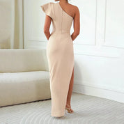 One-sided, gathered midi dress for women with a thigh slit