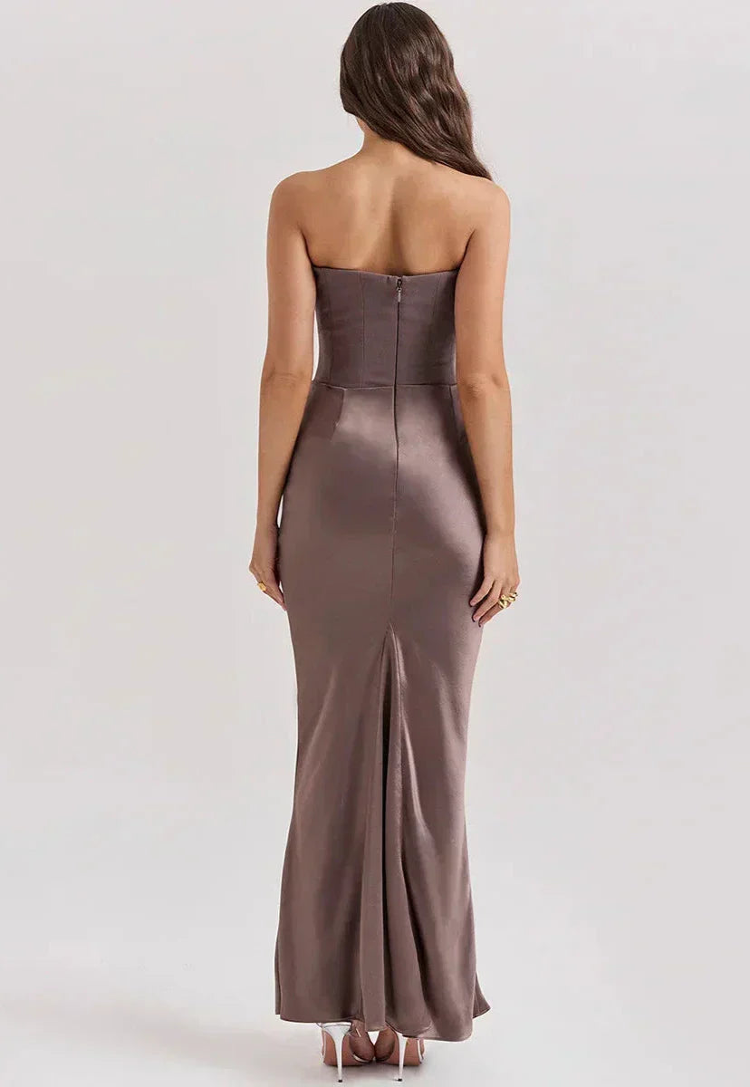 Strapless satin evening dress for women with a gathered detail at the hip.