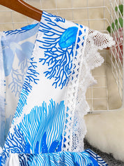 Ärmelloses Maxikleid für Damen aus floraler Spitze mit gestuftem Rock