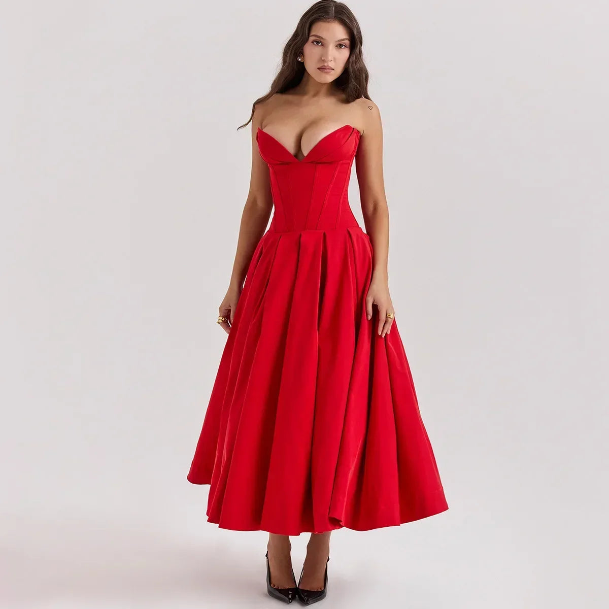 Women's midi dress in red polyester blend fabric with pleats and strapless neckline
