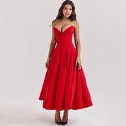 Women's midi dress in red polyester blend fabric with pleats and strapless neckline