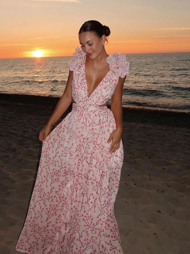 Backless maxi dress for women with ruffles and floral pattern