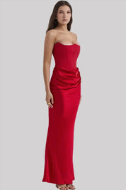 Strapless satin evening dress for women with a gathered detail at the hip.