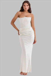 Strapless satin evening dress for women with a gathered detail at the hip.