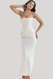 Strapless satin evening dress for women with a gathered detail at the hip.