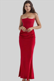 Strapless satin evening dress for women with a gathered detail at the hip.