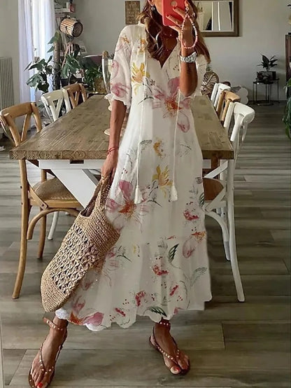 Women's Maxi Dress with V-Neck and Drawstring Waist