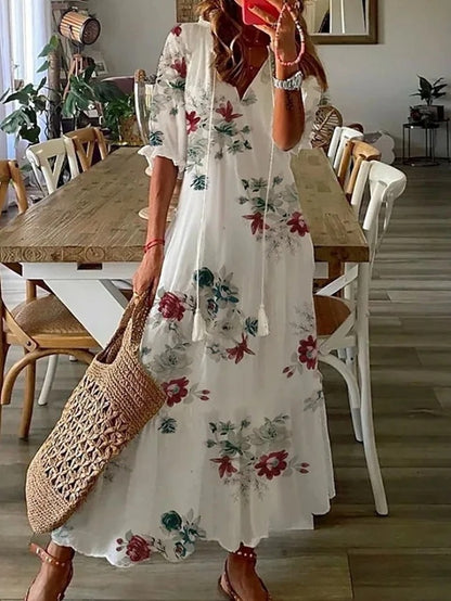 Women's Maxi Dress with V-Neck and Drawstring Waist