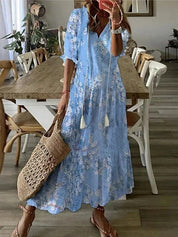 Women's Maxi Dress with V-Neck and Drawstring Waist