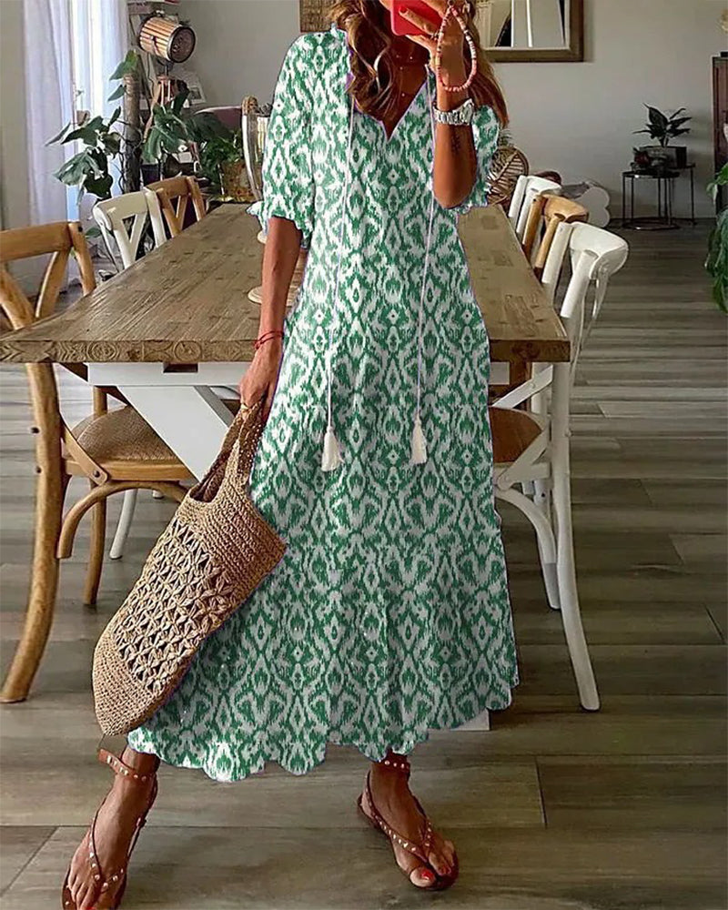 Women's Maxi Dress with V-Neck and Drawstring Waist