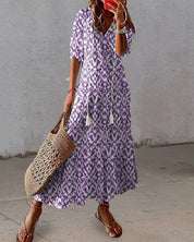 Women's Maxi Dress with V-Neck and Drawstring Waist