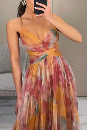 Maxi cocktail dress for women with mesh overlay and V-neck