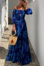 Blumiges Maxikleid für Damen mit schulterfreiem Ausschnitt und Puffärmeln