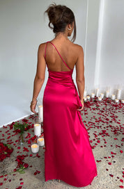 Satin maxi dress for women with one strap and high leg slit