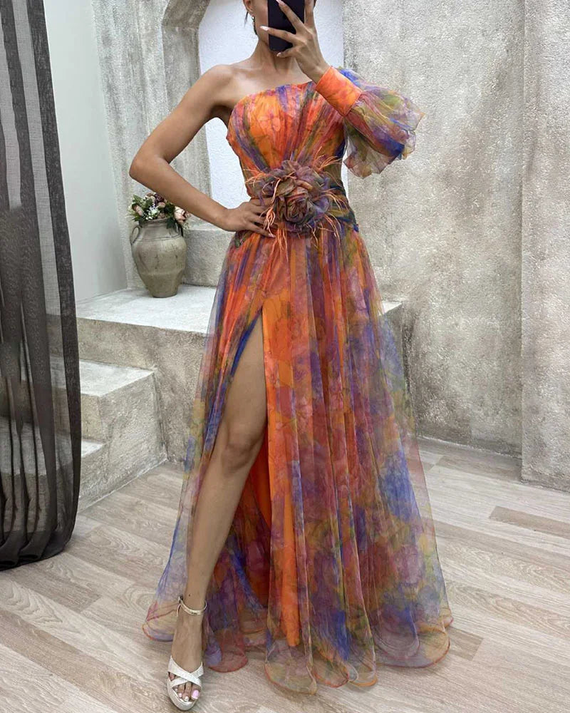 One-shoulder chiffon maxi dress for women with floral overlay
