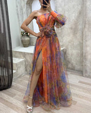 One-shoulder chiffon maxi dress for women with floral overlay