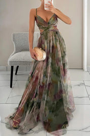 Maxi cocktail dress for women with mesh overlay and V-neck