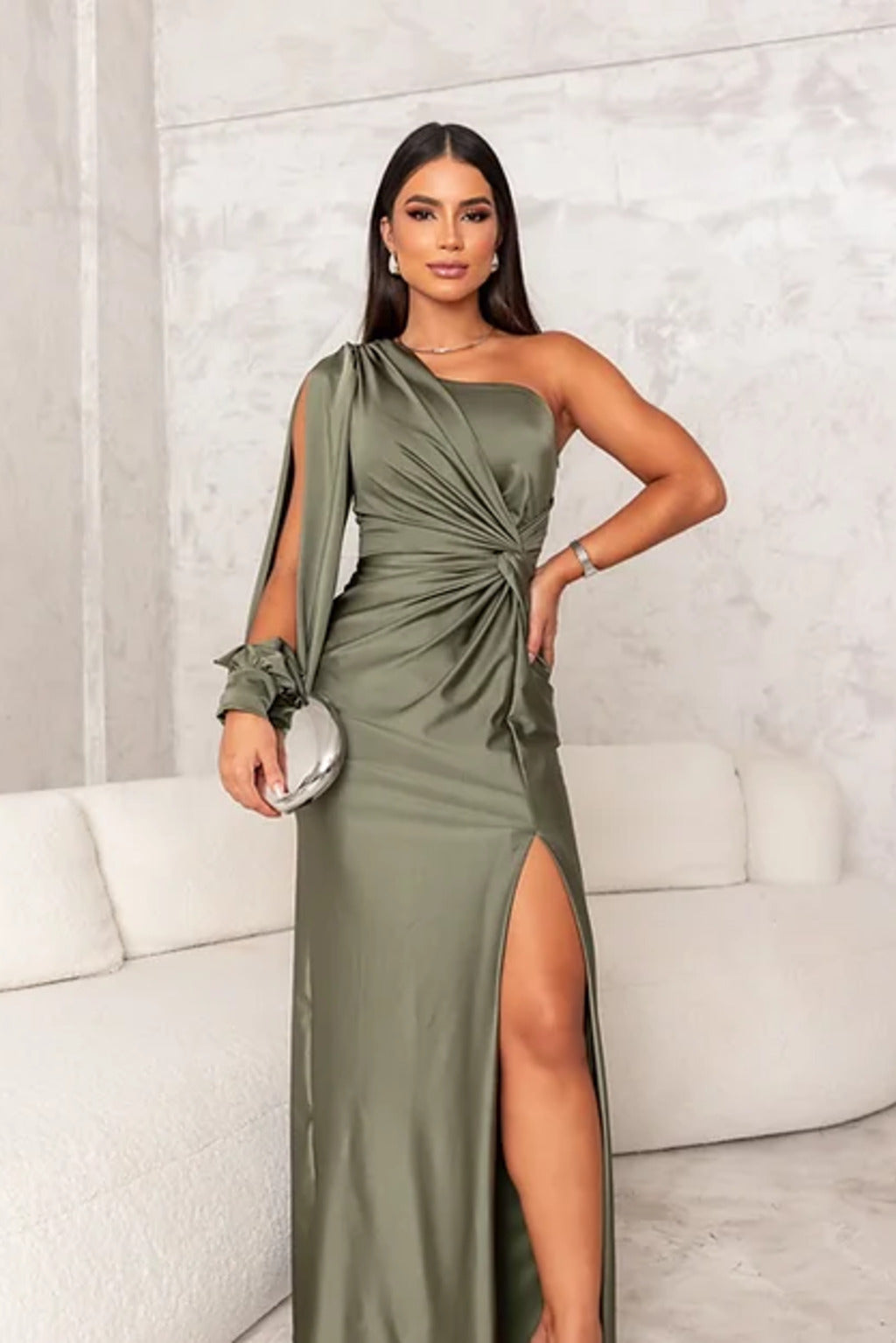 Satin maxi dress for women with one strap and high side slit