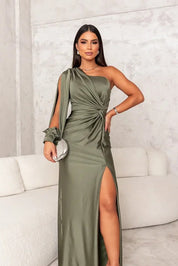 Satin maxi dress for women with one strap and high side slit