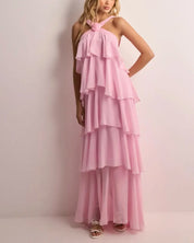 Maxi dress for women with ruffles and back cutout as well as halter neckline