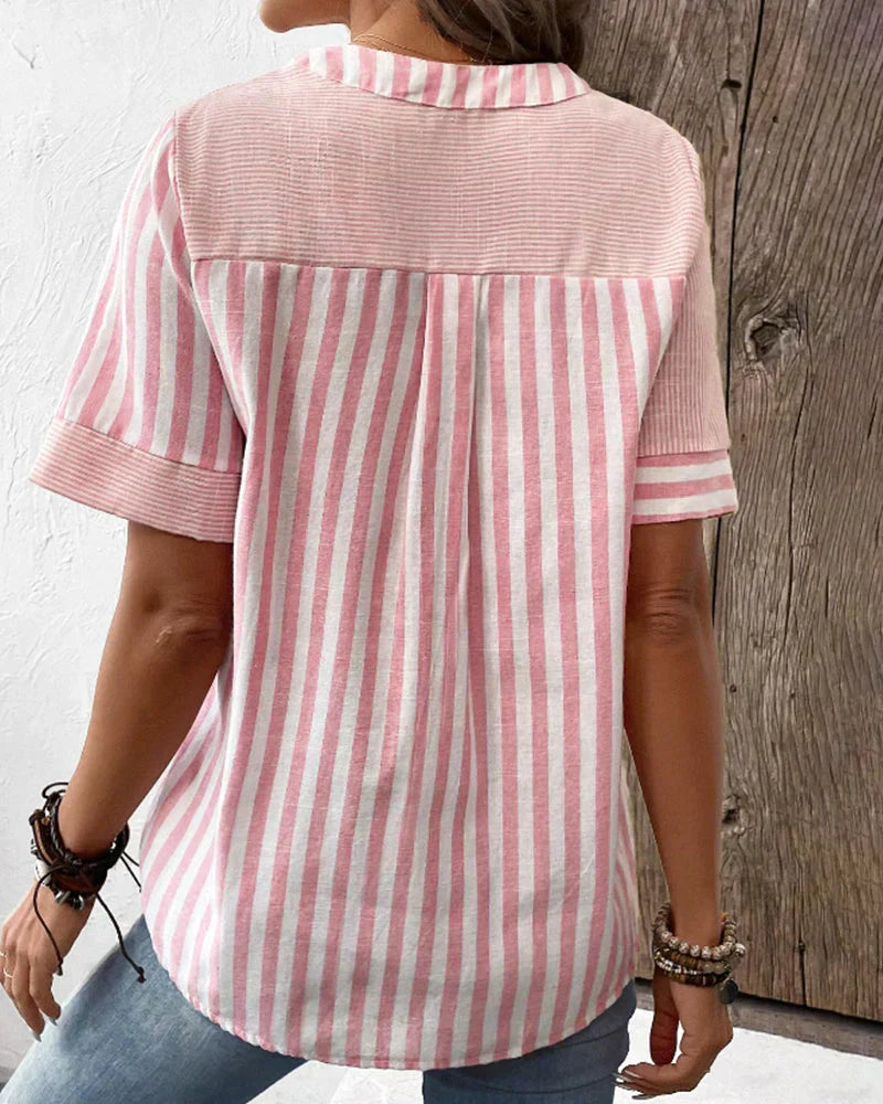 Striped short-sleeved cotton blouse for women with a stand-up collar