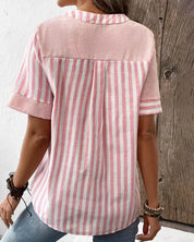 Striped short-sleeved cotton blouse for women with a stand-up collar