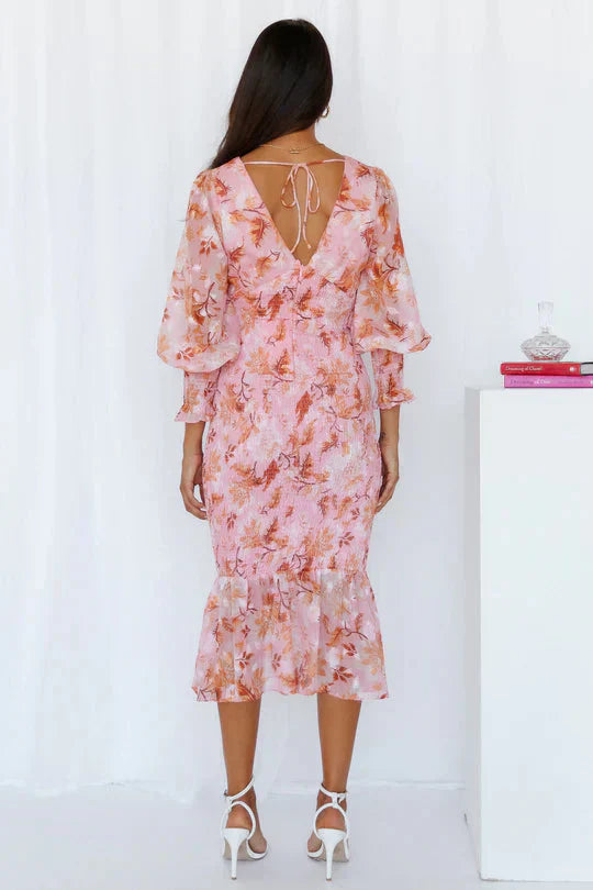 Women's midi dress with floral pattern, puff sleeves and ruffled hem