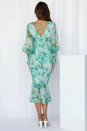 Women's midi dress with floral pattern, puff sleeves and ruffled hem
