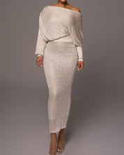 Women's maxi dress in knit with long sleeves and off-the-shoulder neckline
