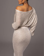 Women's maxi dress in knit with long sleeves and off-the-shoulder neckline