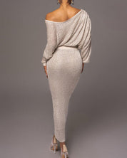 Women's maxi dress in knit with long sleeves and off-the-shoulder neckline