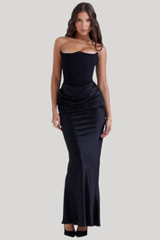 Strapless satin evening dress for women with a gathered detail at the hip.