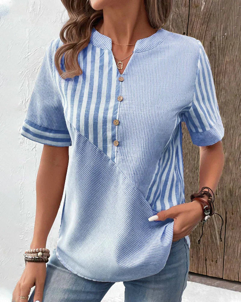 Striped short-sleeved cotton blouse for women with a stand-up collar