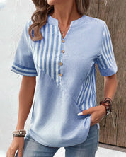 Striped short-sleeved cotton blouse for women with a stand-up collar
