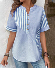 Striped short-sleeved cotton blouse for women with a stand-up collar