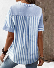 Striped short-sleeved cotton blouse for women with a stand-up collar