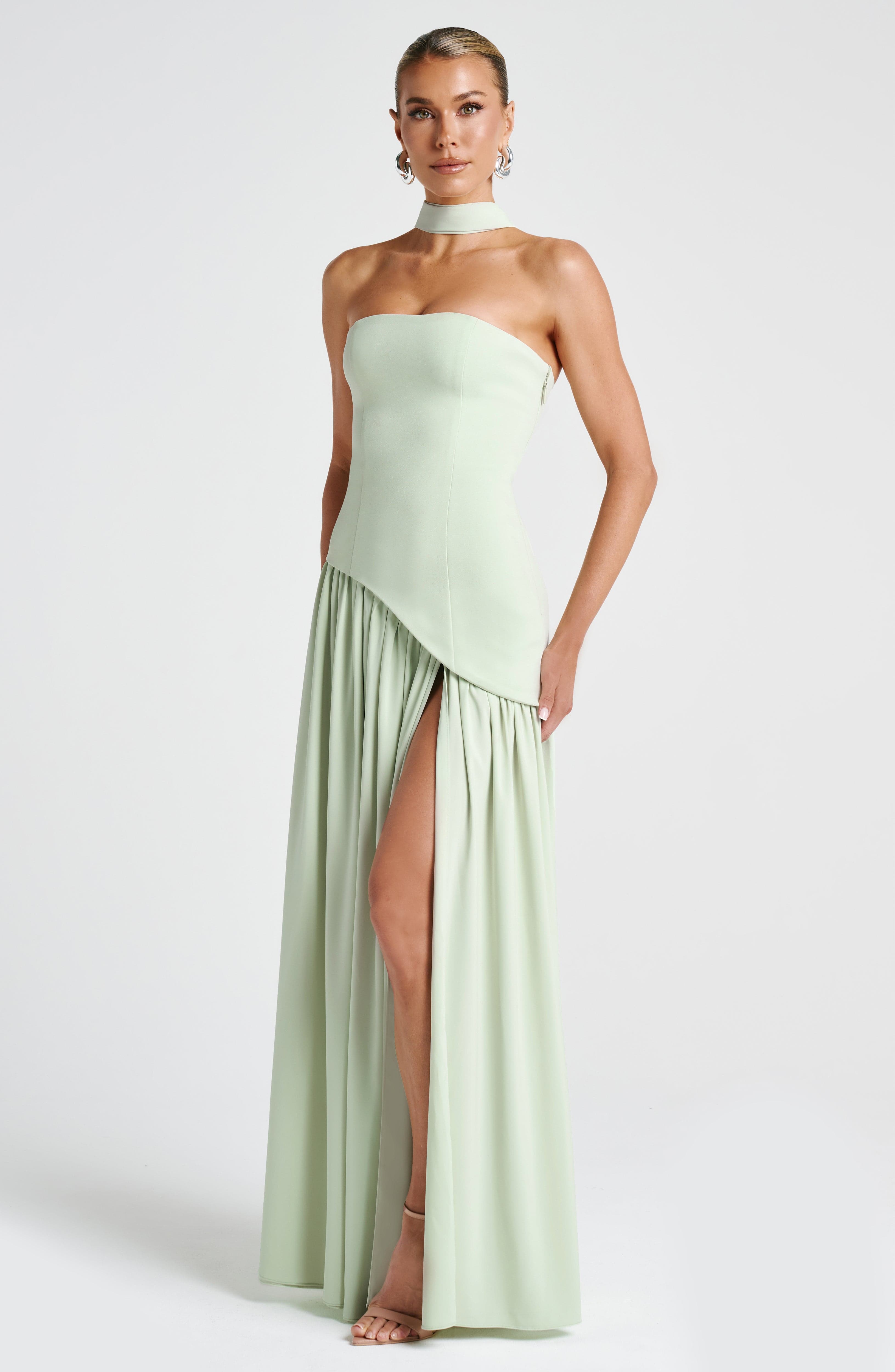 Strapless evening dress for women with a high side slit