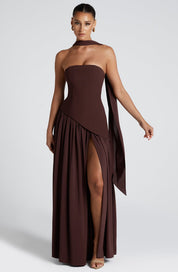 Strapless evening dress for women with a high side slit