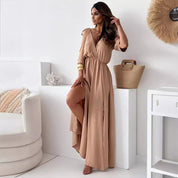 Red maxi dress for women with V-neck, side slit and flutter sleeves
