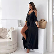 Red maxi dress for women with V-neck, side slit and flutter sleeves